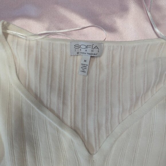 Sofia Size M Sheer Sweetheart Neck Sweater with Notched Stripes Winter White - Picture 3 of 14